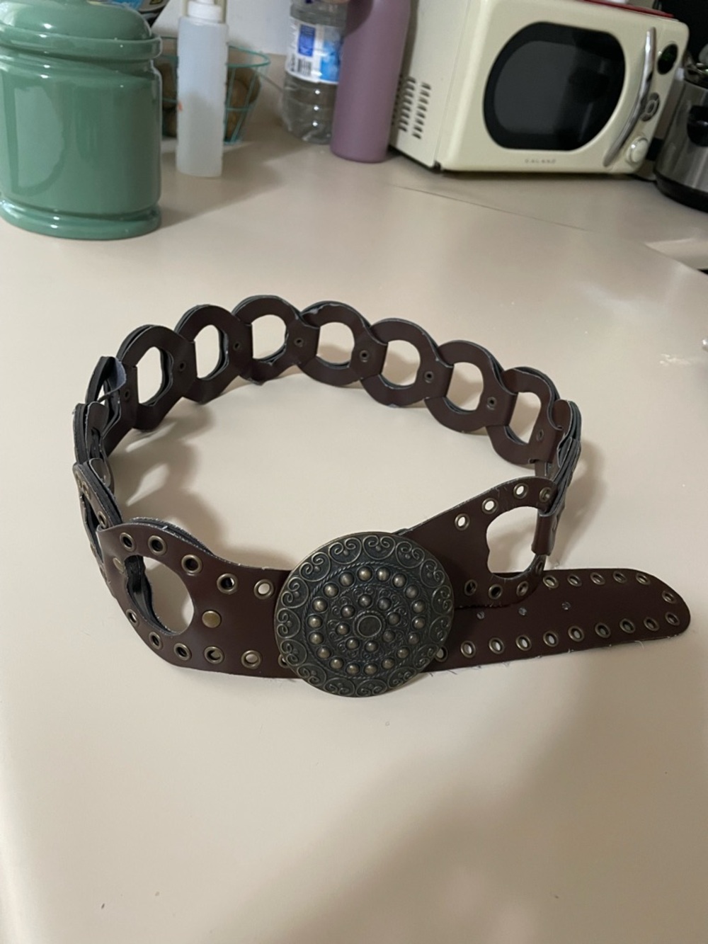 Chunky y2k western bohemian Brown leather belt with metal buckle